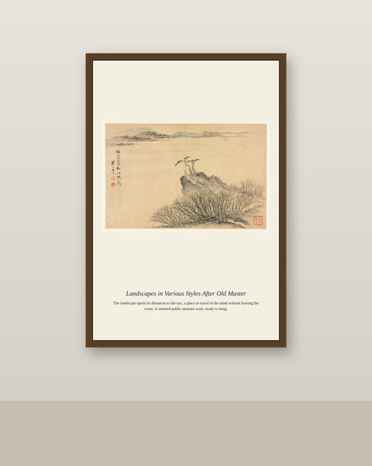 Landscapes in Various Styles After Old (2) antique landscape print shown framed on a wall in a styled room