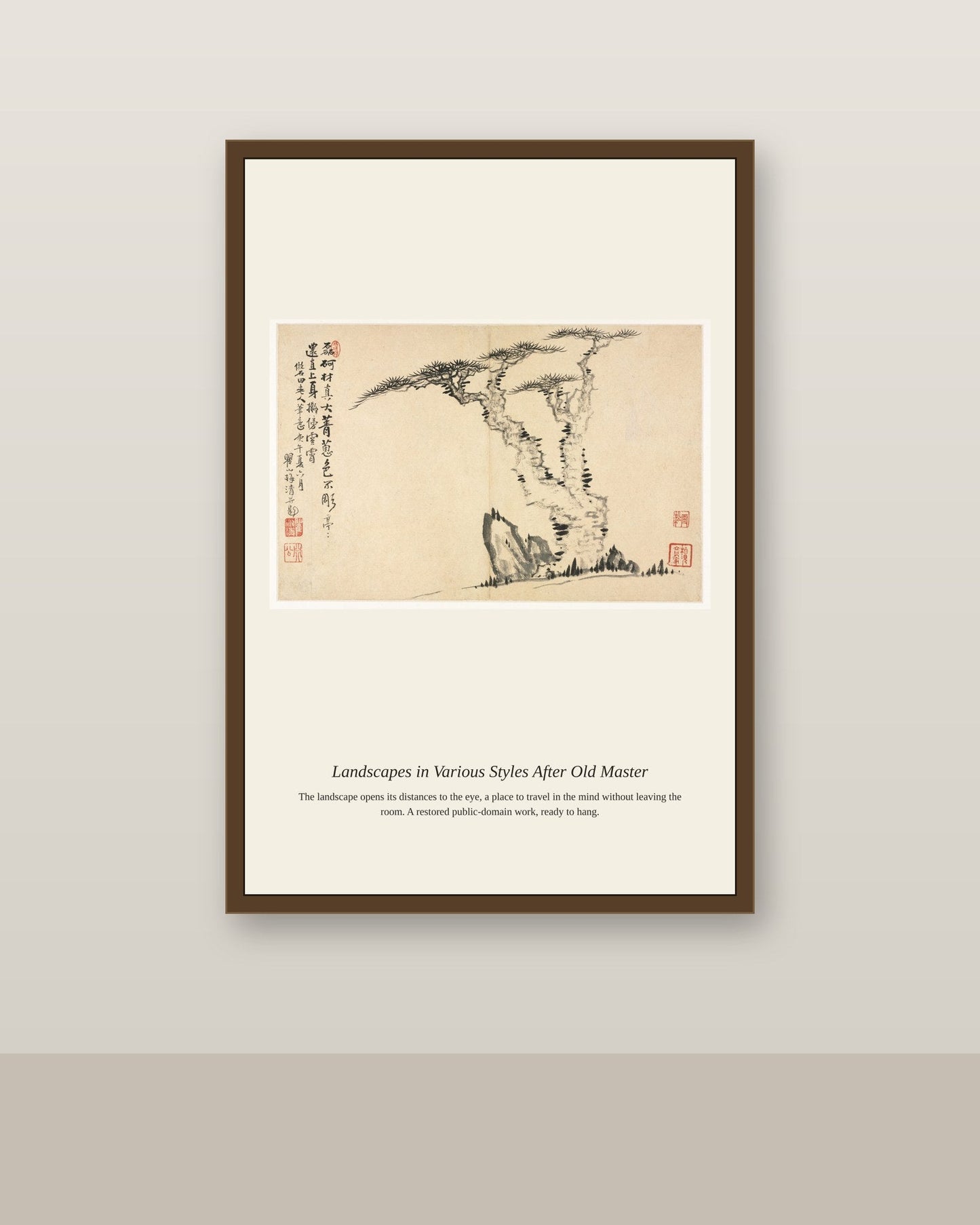 Landscapes in Various Styles After Old (3) antique landscape print shown framed on a wall in a styled room