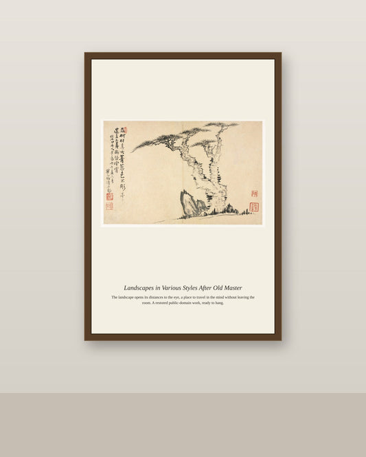 Landscapes in Various Styles After Old (3) antique landscape print shown framed on a wall in a styled room