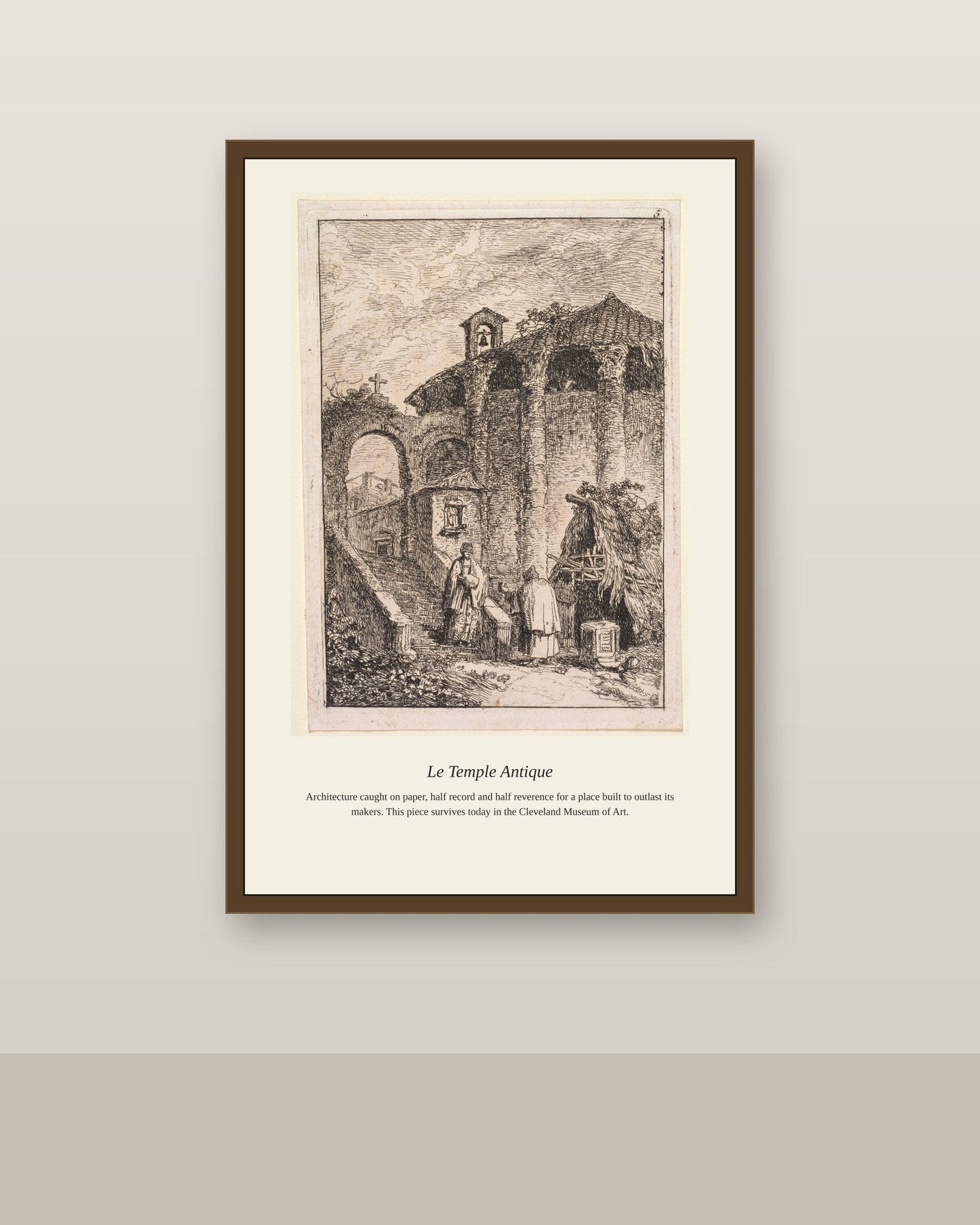 Le Temple Antique antique architectural print shown framed on a wall in a styled room
