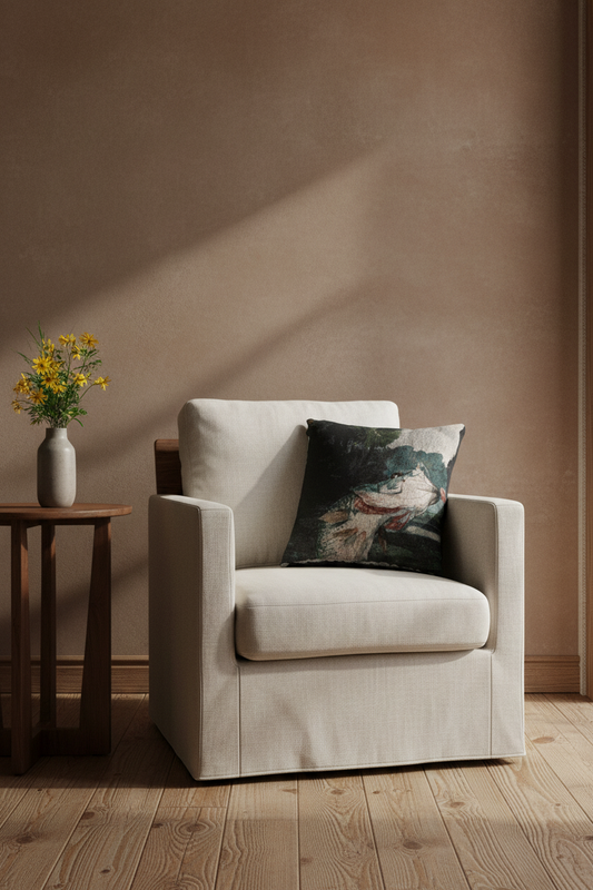 A cream-colored upholstered armchair in a styled room setting with a textured brown wall, wooden floor, a side table with yellow flowers, and a decorative throw pillow.