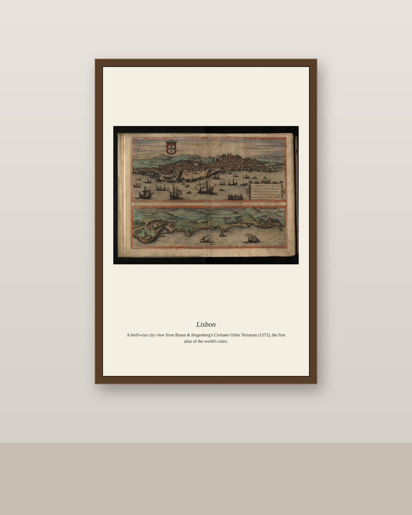 Lisbon antique city map print shown framed on a wall in a styled room