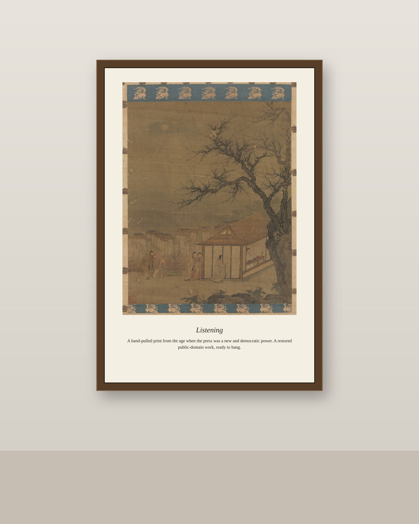 Listening antique art print shown framed on a wall in a styled room