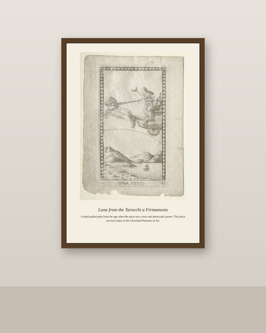 Luna, Mantegna Tarocchi antique celestial print shown framed on a wall in a styled room