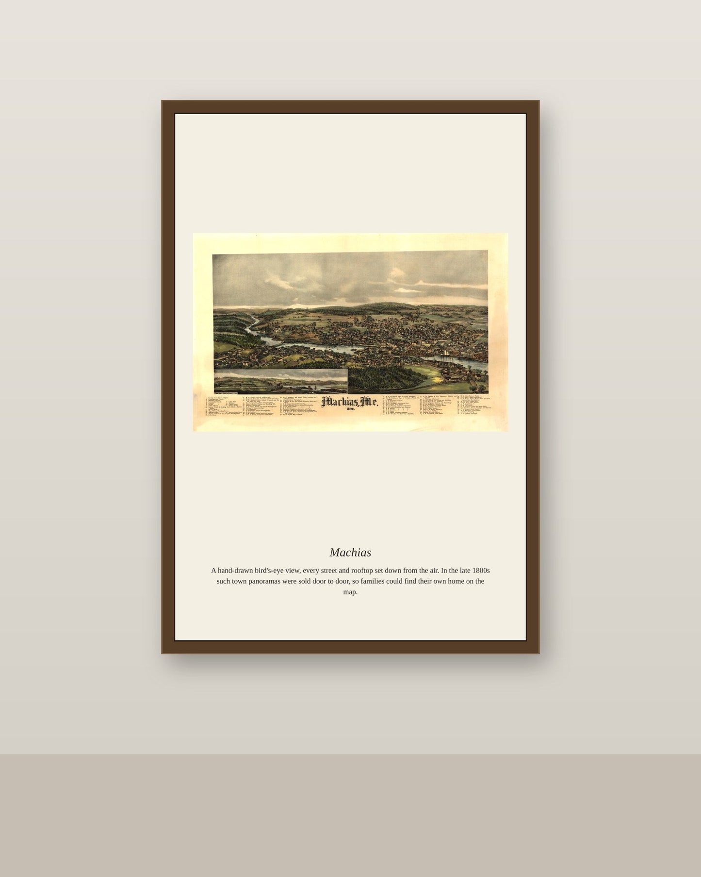 Machias antique map print shown framed on a wall in a styled room