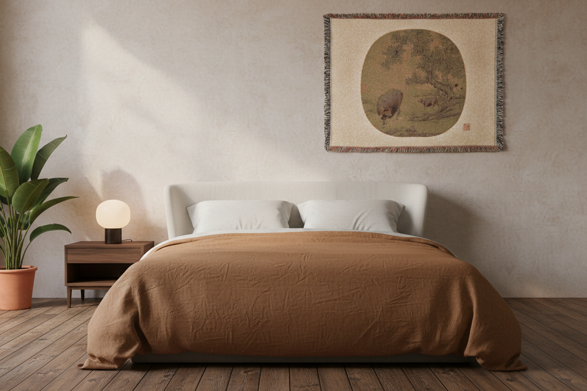 Man Buffalo and Calf Tapestry Blanket