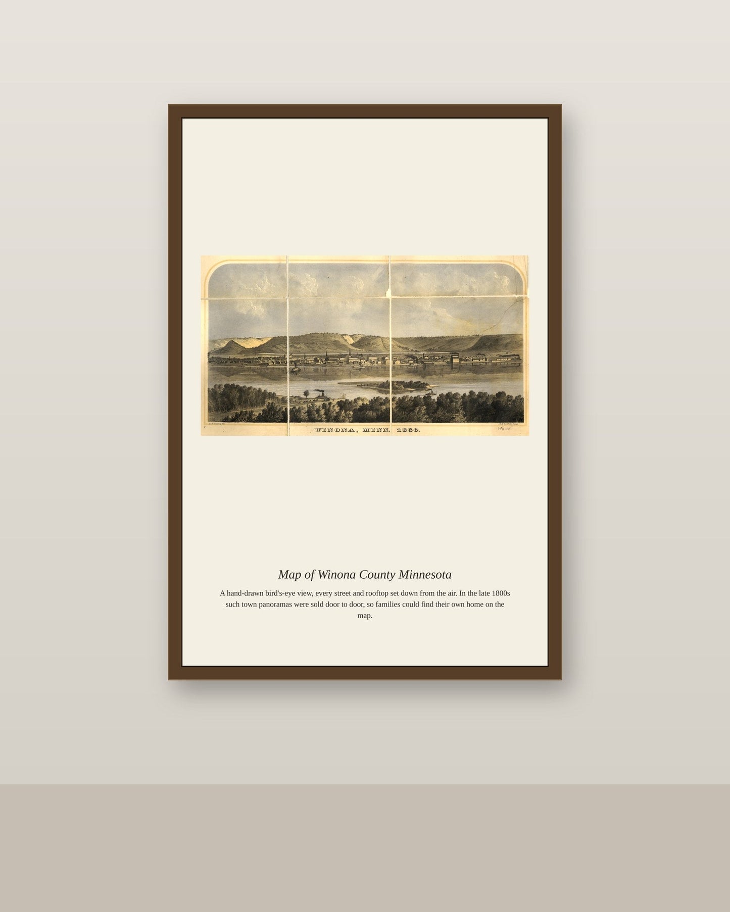 Map of Winona County Minnesota antique map print shown framed on a wall in a styled room