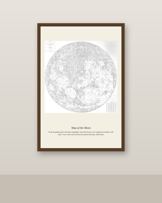 Map of the Moon antique celestial print shown framed on a wall in a styled room