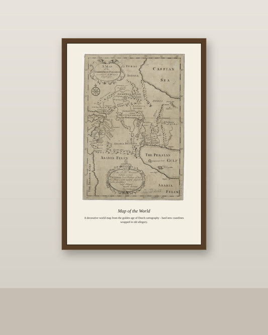 Map of the Terrestrial Paradise, M. Huet's antique art print shown framed on a wall in a styled room
