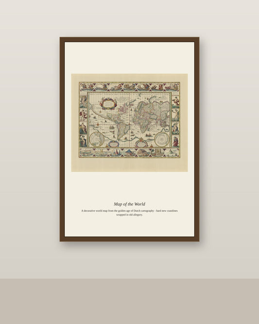 Map of the World by Joan Blaeu antique world map print shown framed on a wall in a styled room