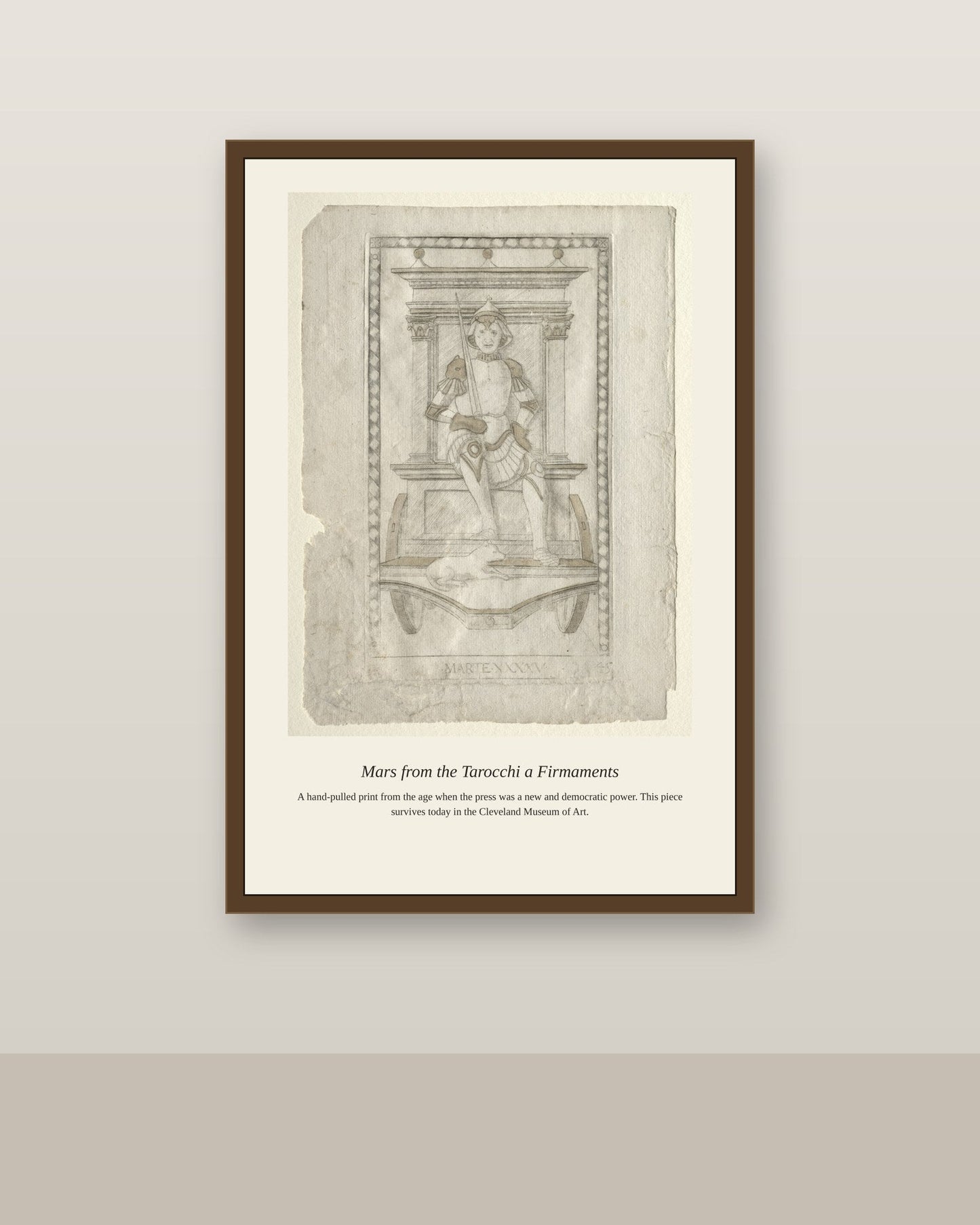 Mars, Mantegna Tarocchi antique celestial print shown framed on a wall in a styled room