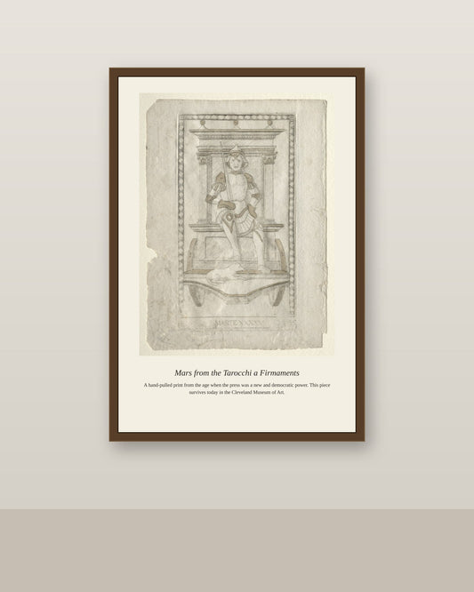 Mars, Mantegna Tarocchi antique celestial print shown framed on a wall in a styled room