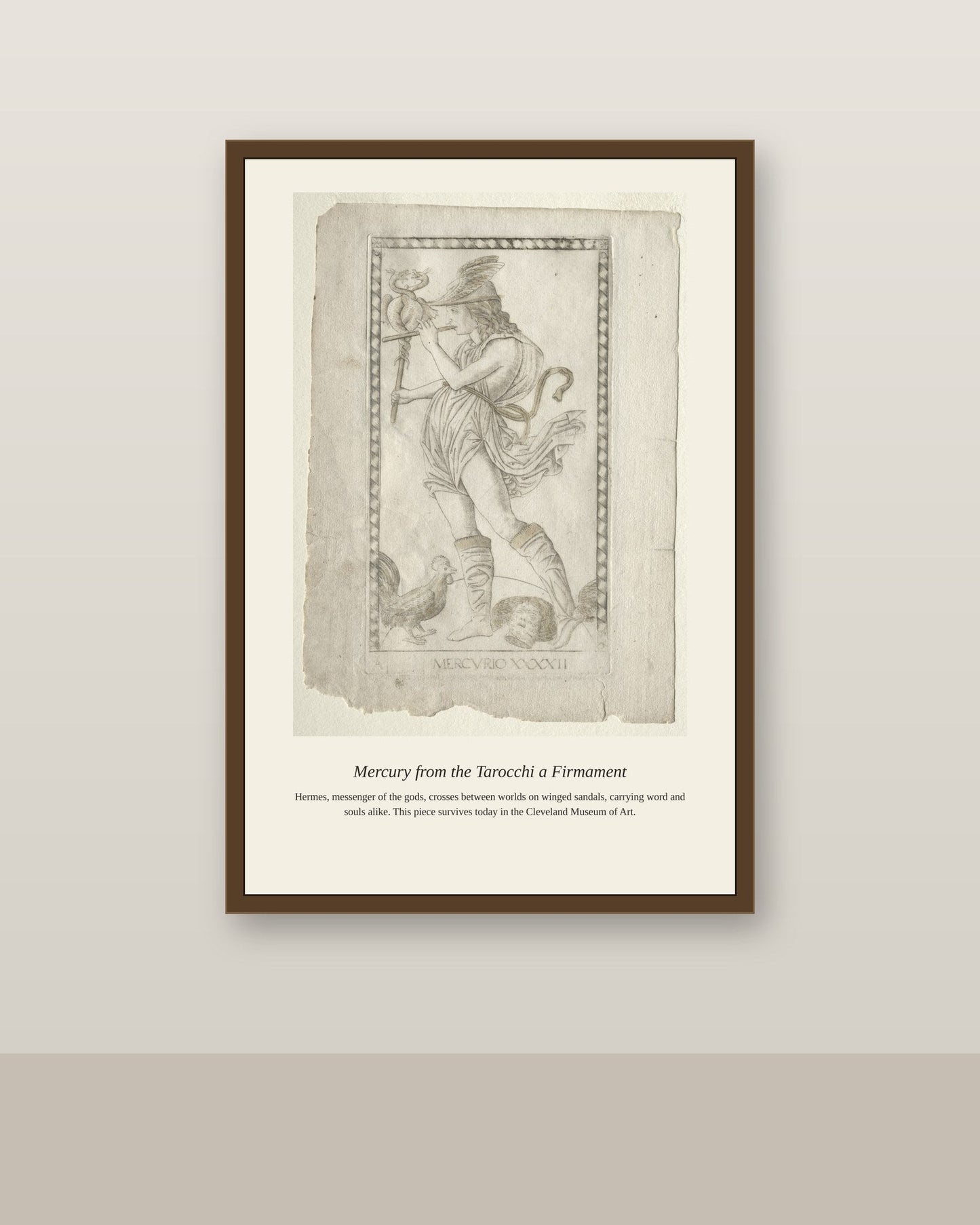 Mercury, Mantegna Tarocchi antique celestial print shown framed on a wall in a styled room