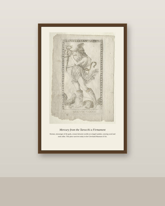 Mercury, Mantegna Tarocchi antique celestial print shown framed on a wall in a styled room