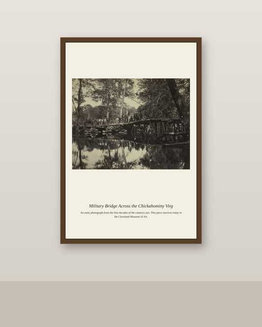Military Bridge Across the Chickahominy antique architectural print shown framed on a wall in a styled room