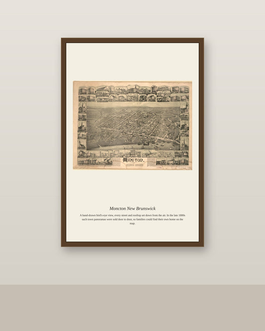 Moncton New Brunswick antique map print shown framed on a wall in a styled room