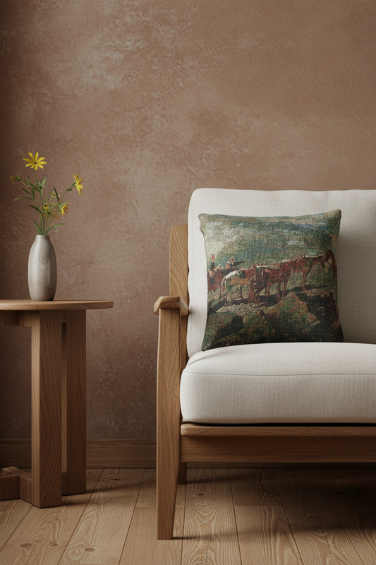 A square decorative throw pillow with a vintage-style painting of horses, resting on a white upholstered wooden armchair in a warm, rustic room setting with a textured brown wall and a side table.