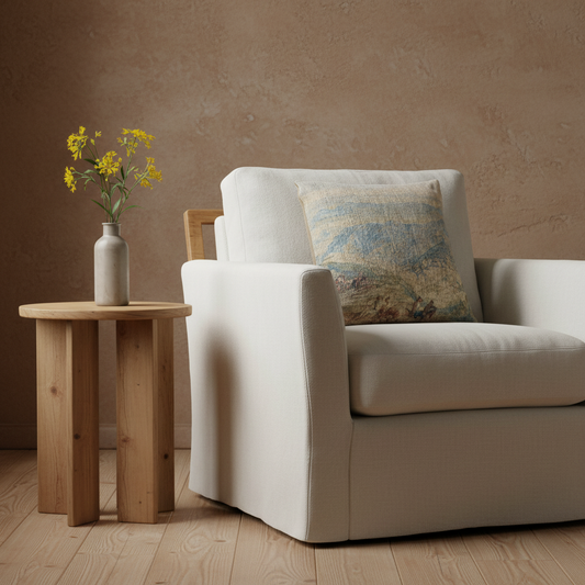 A cream-colored upholstered armchair with a patterned blue and beige accent pillow, positioned next to a round wooden side table holding a small gray vase with yellow flowers against a textured brown wall.