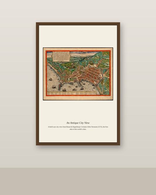Naples antique city map print shown framed on a wall in a styled room