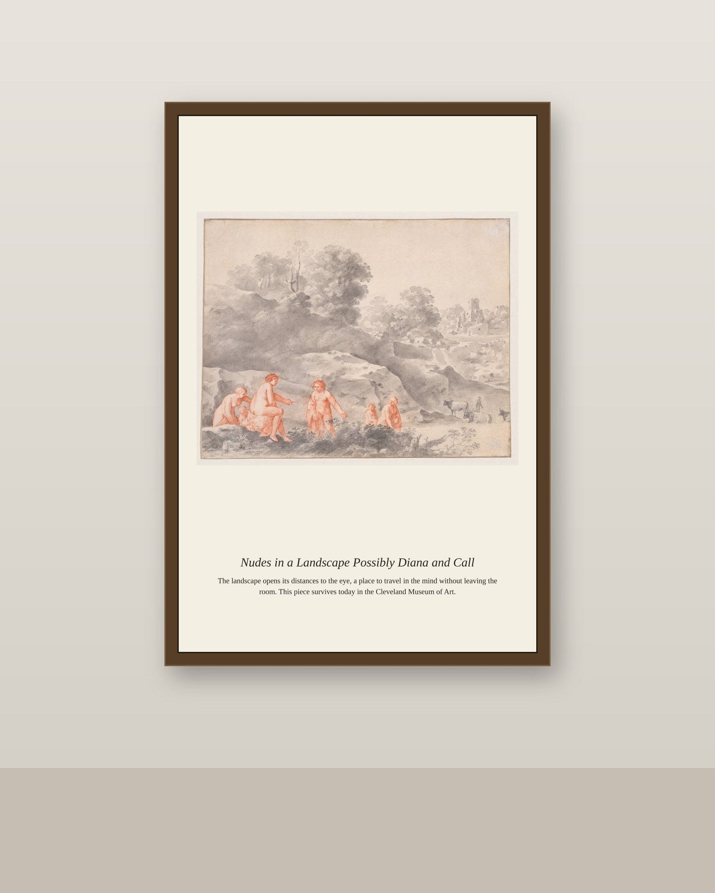 Nudes in a Landscape Possibly Diana antique mythological print shown framed on a wall in a styled room