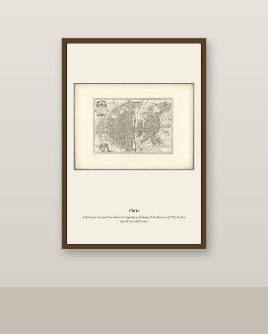 Paris antique art print shown framed on a wall in a styled room