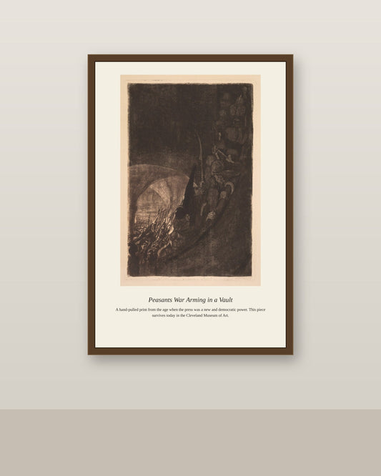 Peasants War Arming in a Vault antique historical print shown framed on a wall in a styled room