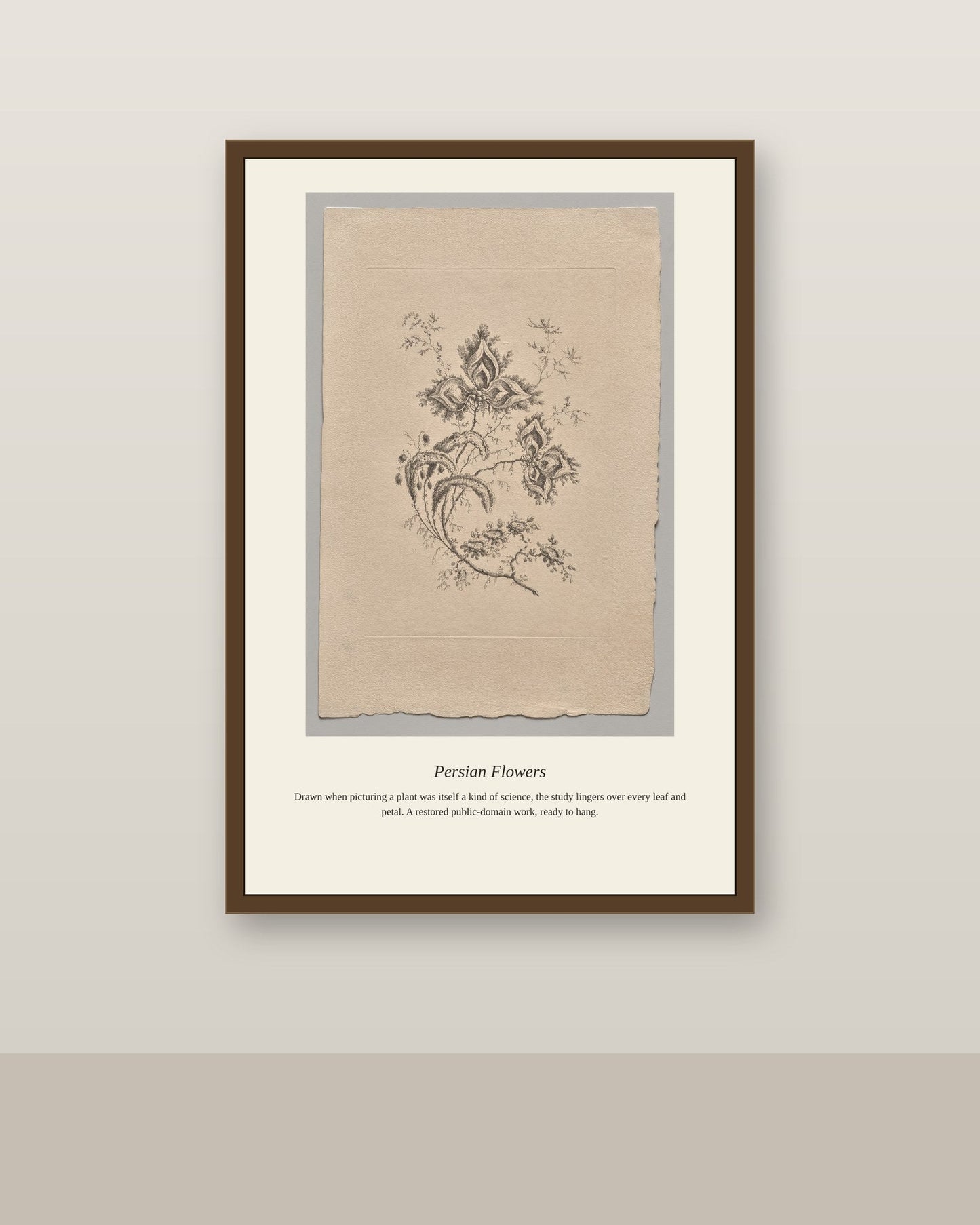 Persian Flowers (2) antique botanical print shown framed on a wall in a styled room