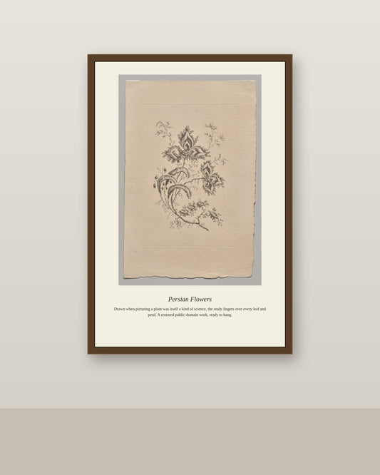Persian Flowers (2) antique botanical print shown framed on a wall in a styled room