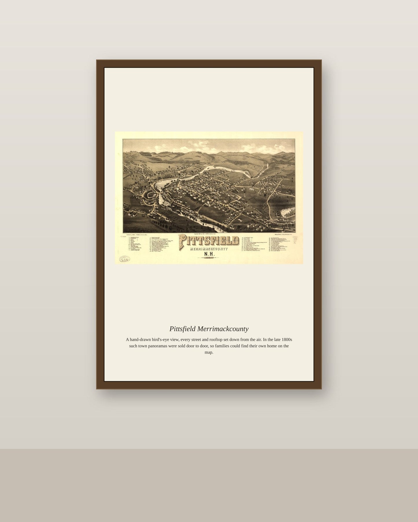 Pittsfield, Merrimack County antique map print shown framed on a wall in a styled room