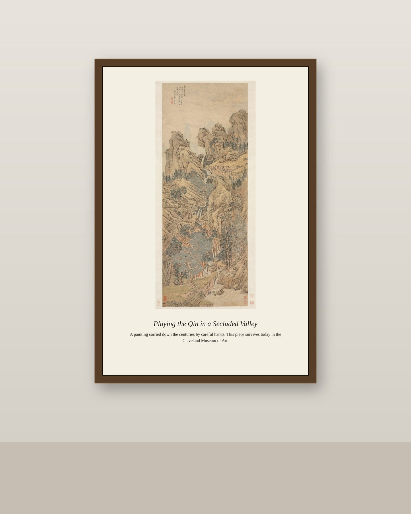 Playing the Qin in a Secluded Valley antique landscape print shown framed on a wall in a styled room
