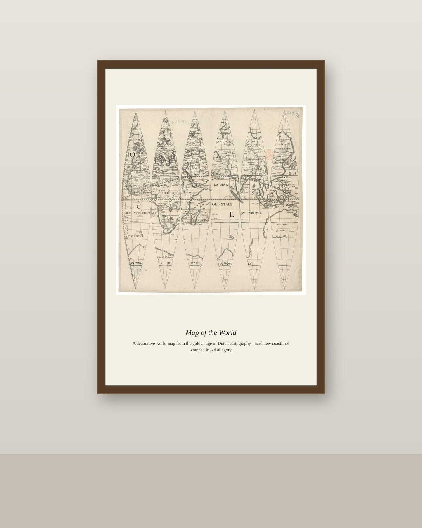Portrait du Globe Terraquee Par Pierre Courtin antique art print shown framed on a wall in a styled room