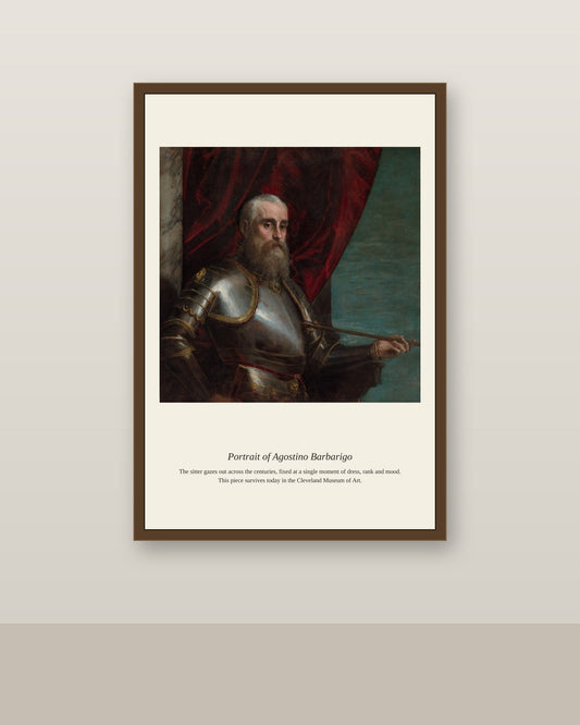 Portrait of Agostino Barbarigo antique portrait print shown framed on a wall in a styled room