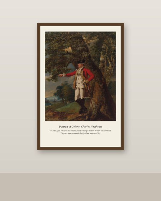 Portrait of Colonel Charles Heathcote antique portrait print shown framed on a wall in a styled room