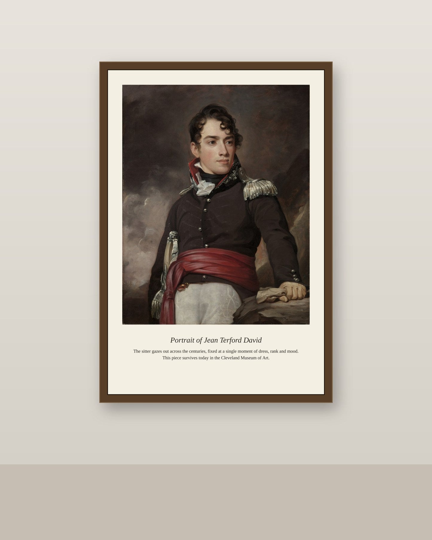 Portrait of Jean Terford David antique portrait print shown framed on a wall in a styled room