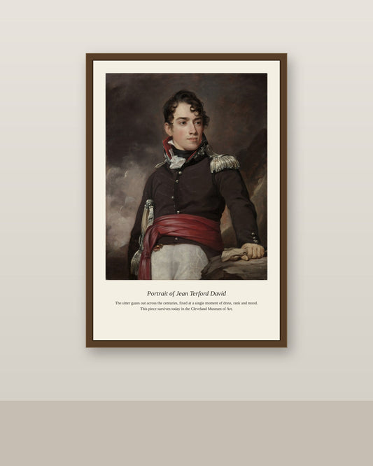 Portrait of Jean Terford David antique portrait print shown framed on a wall in a styled room