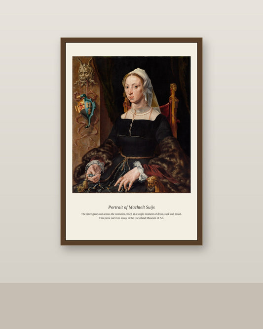 Portrait of Machtelt Suijs antique portrait print shown framed on a wall in a styled room
