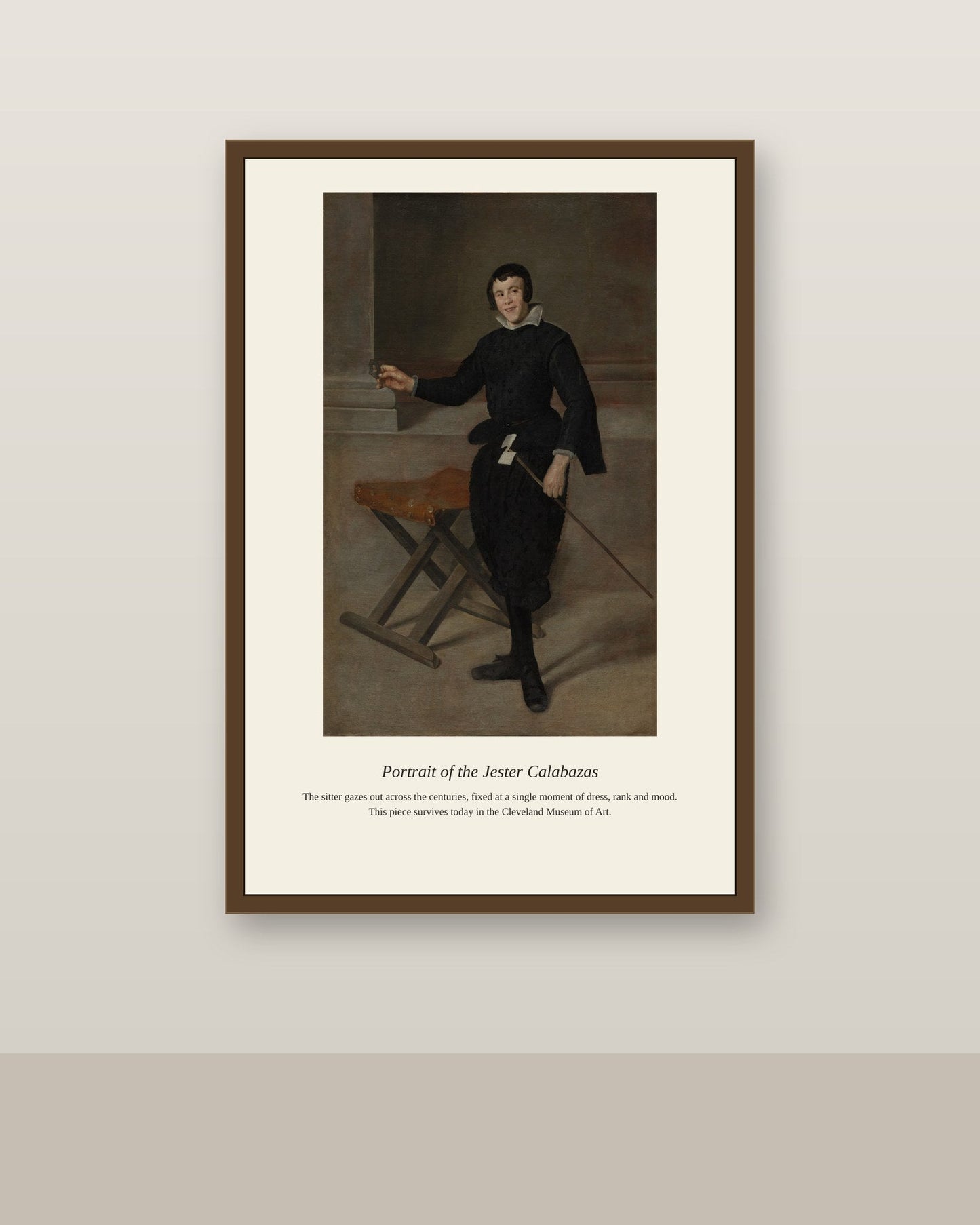 Portrait of the Jester Calabazas antique portrait print shown framed on a wall in a styled room
