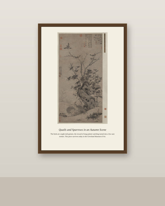 Quails and Sparrows in an Autumn Scene antique natural history print shown framed on a wall in a styled room