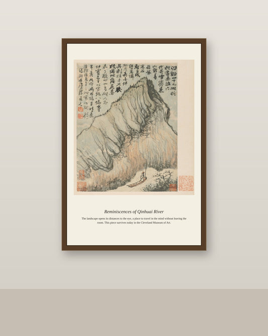 Reminiscences of Qinhuai River antique landscape print shown framed on a wall in a styled room