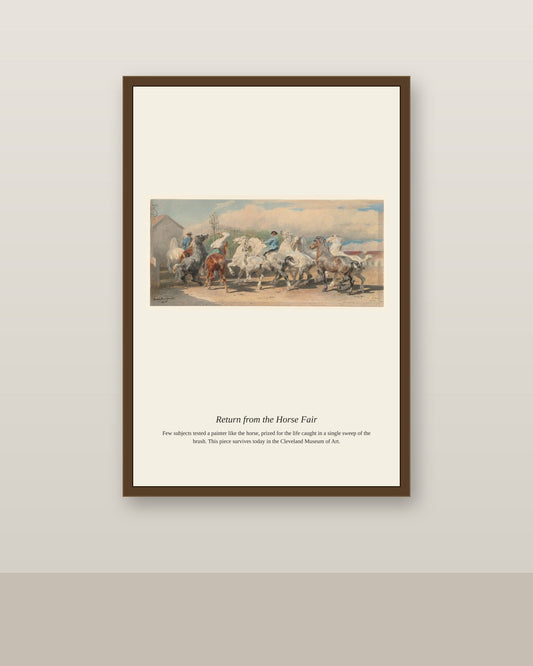 Return from the Horse Fair antique natural history print shown framed on a wall in a styled room