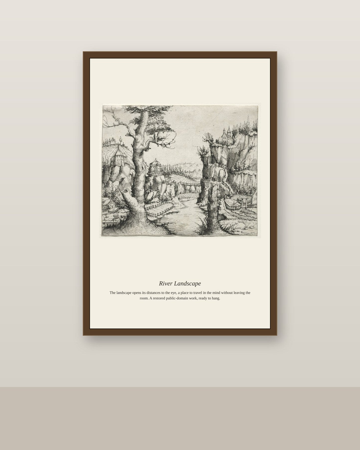 River Landscape antique landscape print shown framed on a wall in a styled room