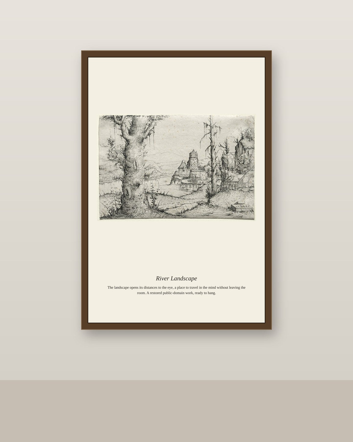 River Landscape (2) antique landscape print shown framed on a wall in a styled room
