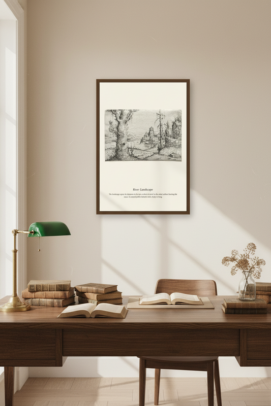 A framed black and white art print titled 'Jan van Gogh' hanging on a beige wall above a wooden desk with books, an open book, and a green desk lamp.