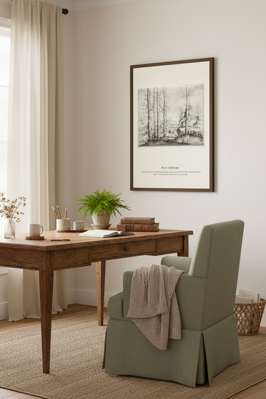 A framed black and white art print hangs on a light beige wall above a wooden desk and an olive green armchair in a softly lit home office.
