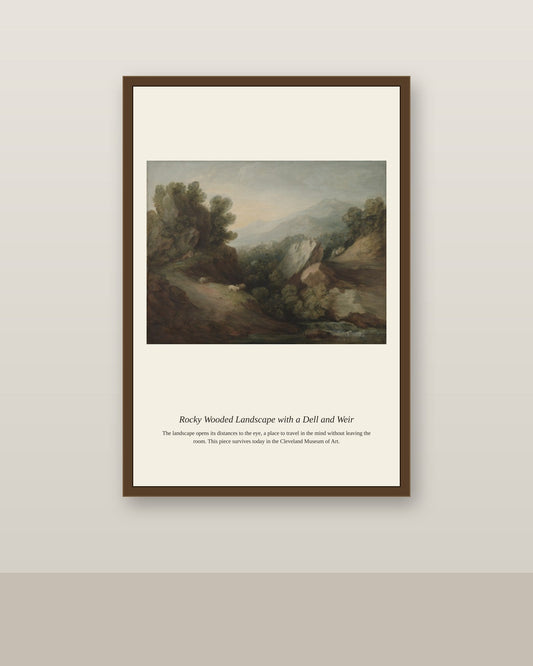 Rocky Wooded Landscape with a Dell and Weir antique landscape print shown framed on a wall in a styled room