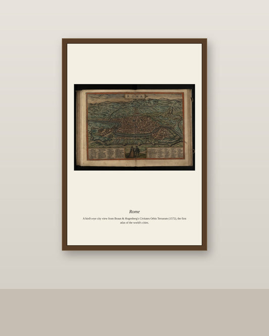 Rome antique city map print shown framed on a wall in a styled room
