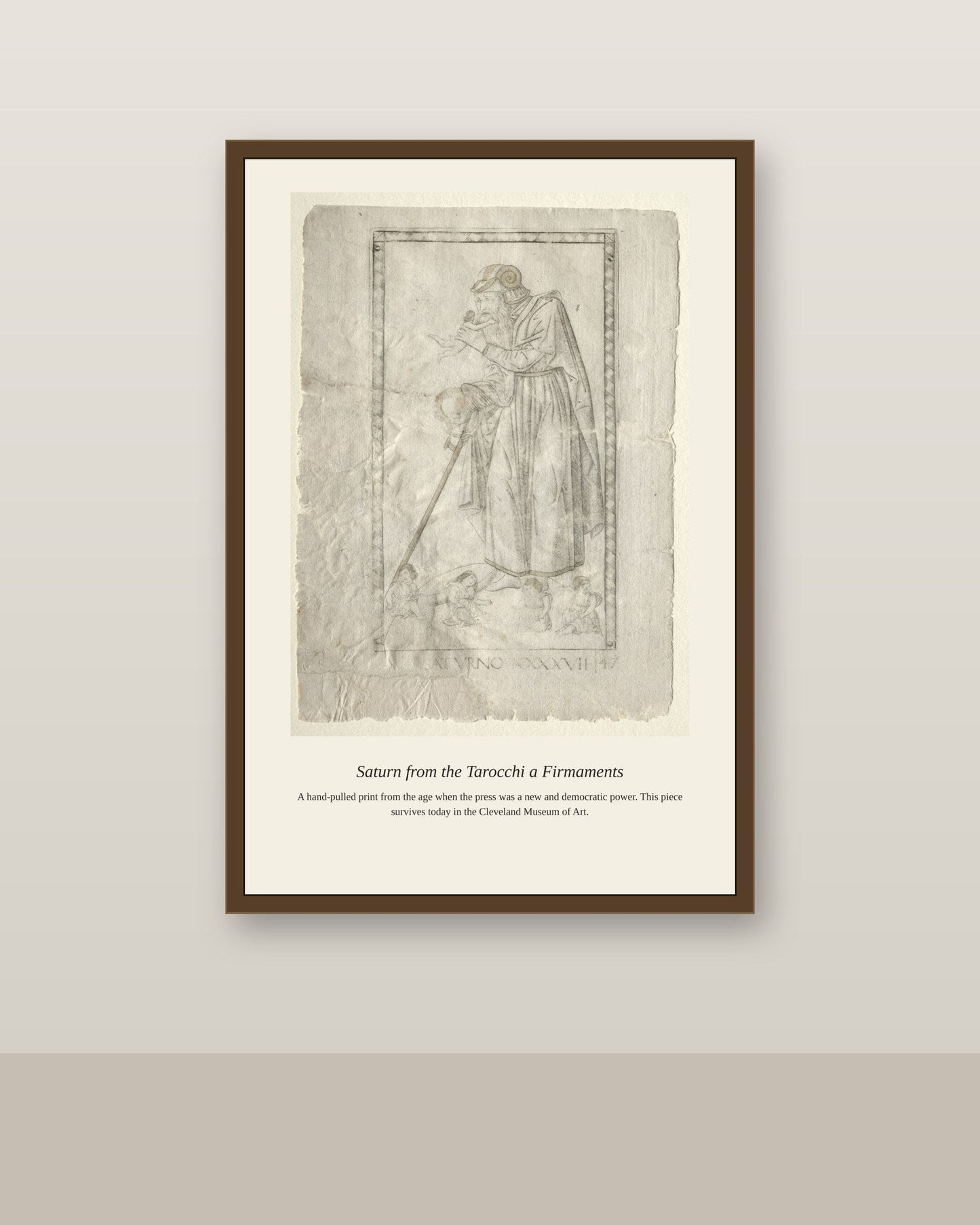 Saturn, Mantegna Tarocchi antique celestial print shown framed on a wall in a styled room