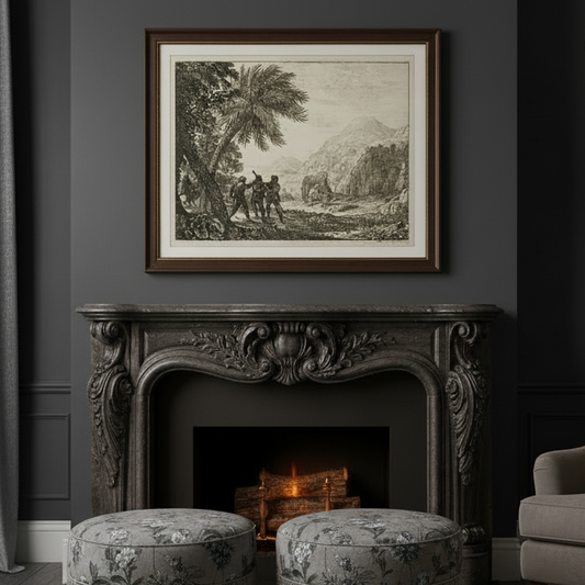 A styled interior scene with a dark fireplace, two round upholstered ottomans, a gray armchair with a leopard-print pillow, curtains, a framed landscape print above the fireplace, and a mounted deer head on the wall.