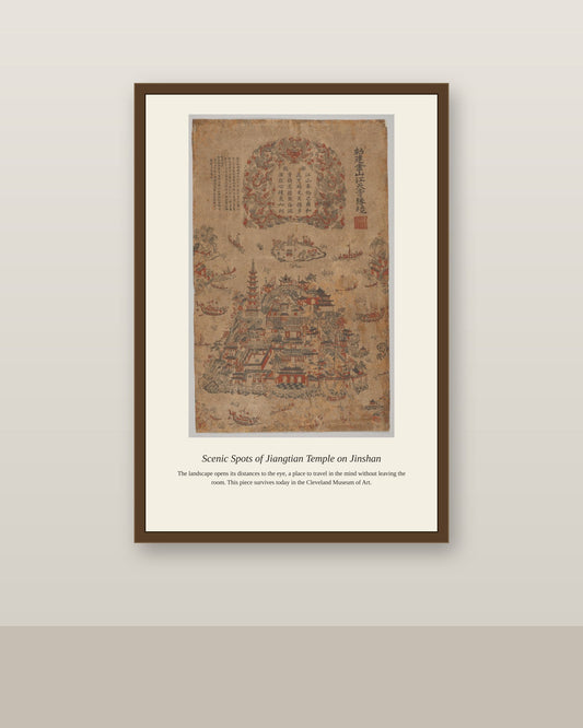 Scenic Spots of Jiangtian Temple antique architectural print shown framed on a wall in a styled room