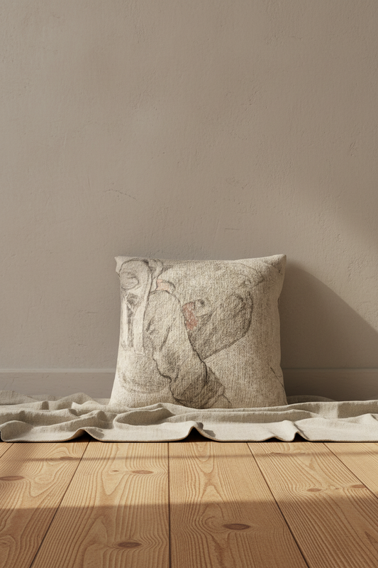A square throw pillow with a sketch-style illustration of a face in muted gray and brown tones, resting on a draped beige linen cloth against a textured beige wall on a light wood floor.